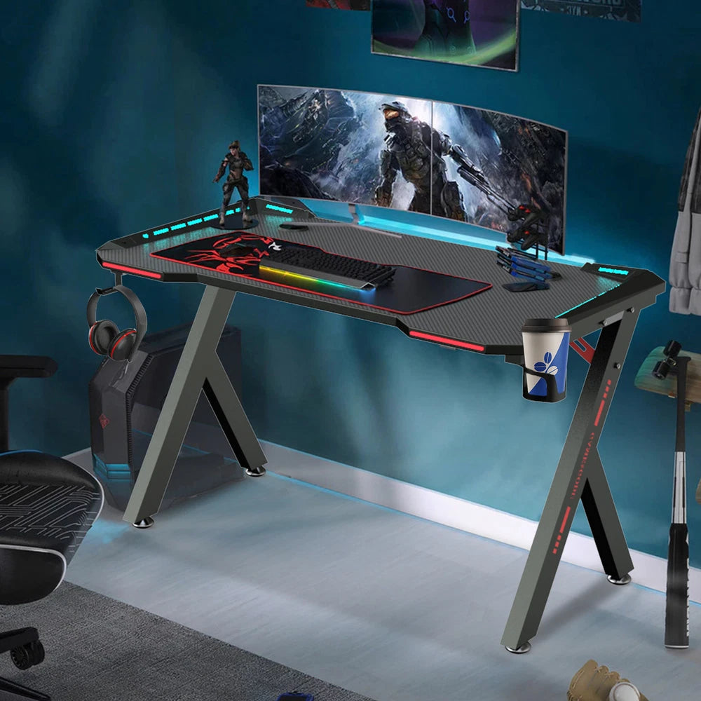 XXL Gaming Desk RGB LED Computer Racing Table Carbon Fiber PC Gamer Workstation