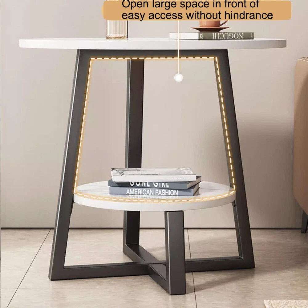 2-Tier Coffee Table Side Table White Marble Effect End Table LivingRoom Round