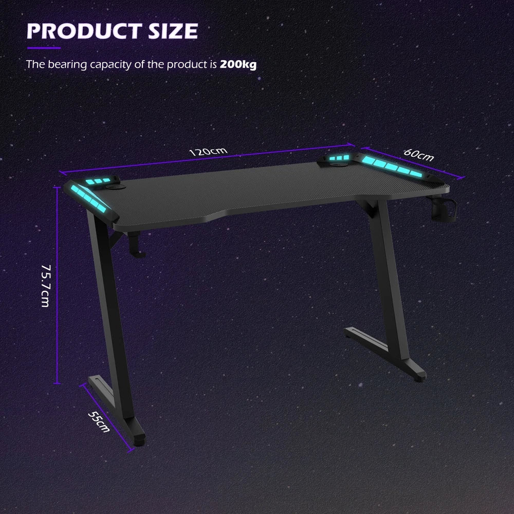 Gaming Desk LED RGB Computer Table Workstation w/ Cup Holder & Headphone Hook