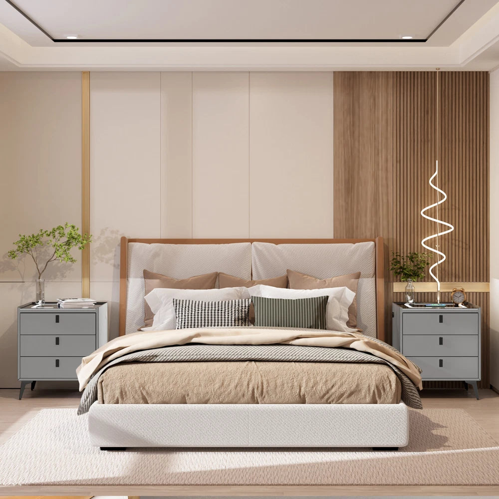 3 Drawers LED Bedside Table Wireless Charging Nightstand Bedside Cabinet Grey