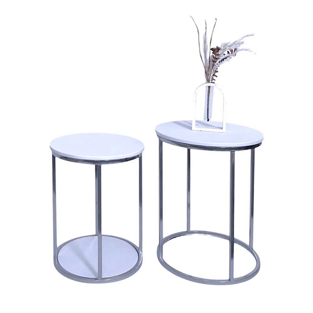 NEW Nest of Tables Set of 2 Coffee Side End Table White With Chrome Legs