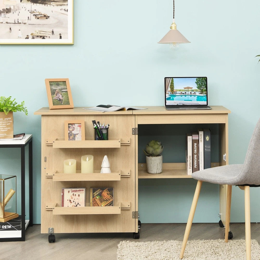 Folding Sewing Table 2 IN 1 Rolling Craft Table Office Desk Workstation