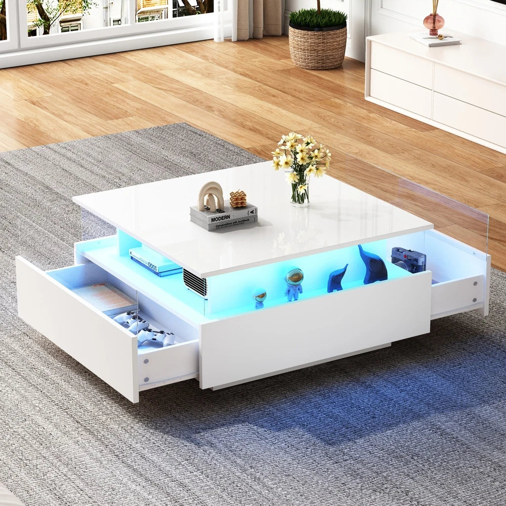 Coffee Table with LED Square High Gloss White Storage Tea Table for Living Room