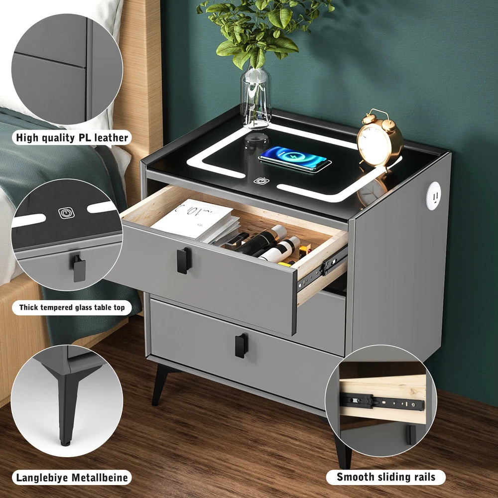 3 Drawers LED Bedside Table Wireless Charging Nightstand Bedside Cabinet Grey