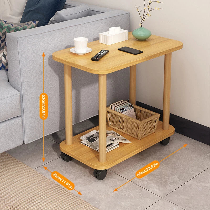 2 Layers Sofa Side Table with Wheels Coffee Snack Laptop End Tables Living Room