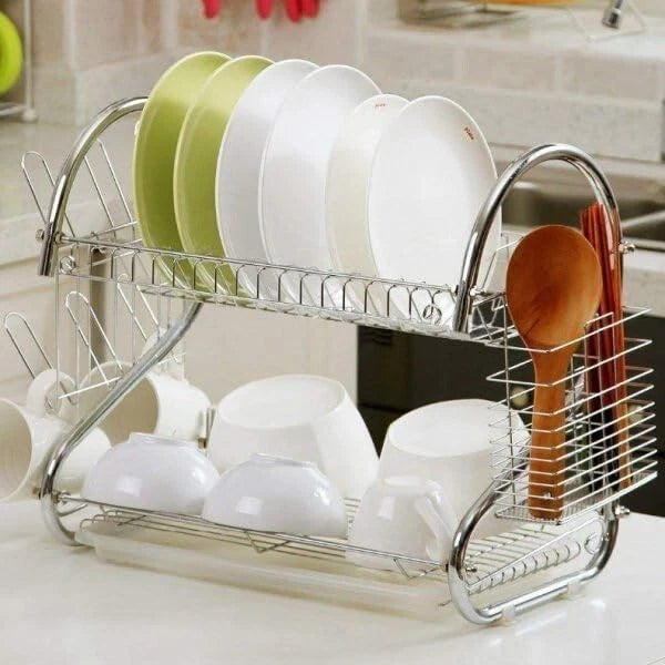 2 Tier Dish Drainer Rack with Drip Tray Plate Rack Kitchen Sink Cutlery Holder