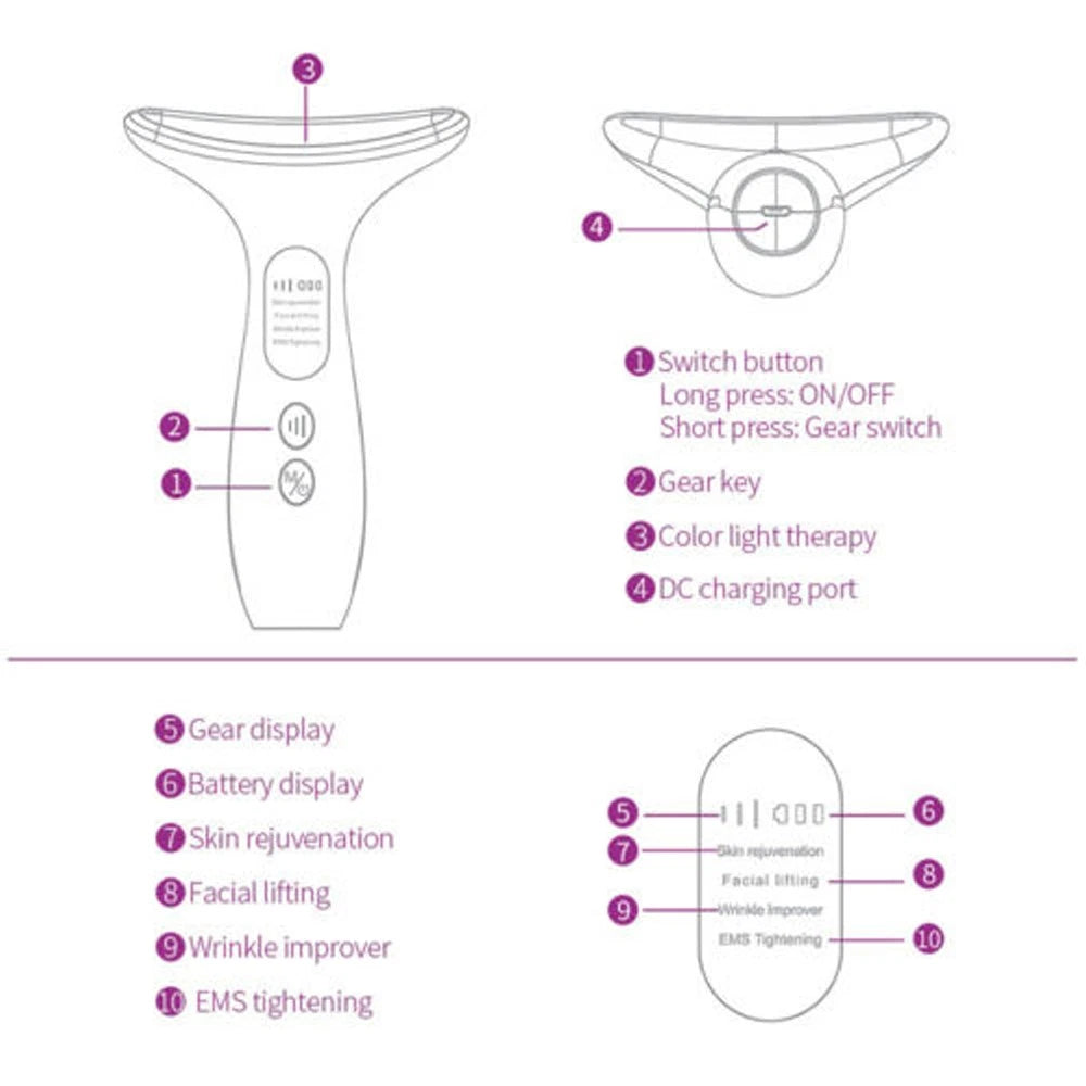 Microcurrent Face Lifting Neck Massager Anti Wrinkle LED Light Therapy Device UK