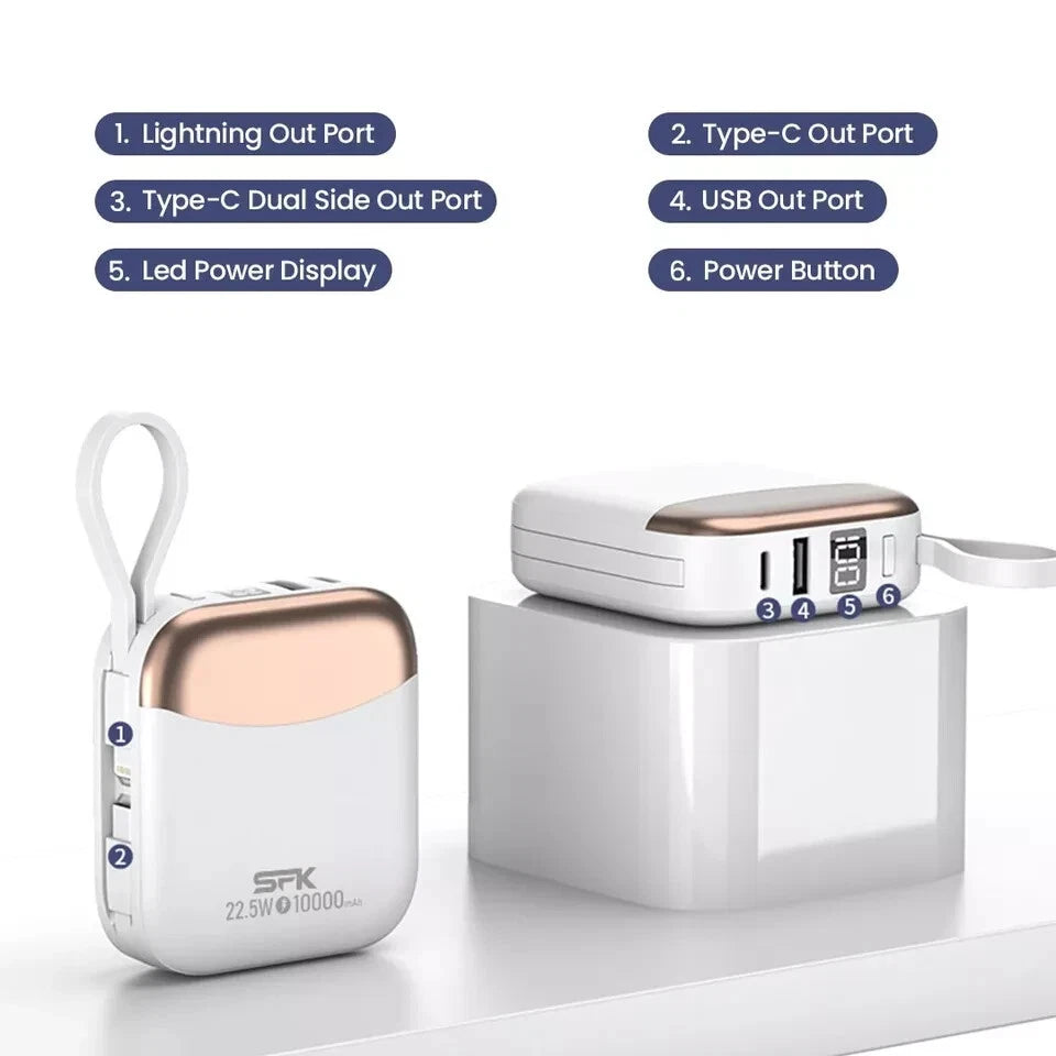 Mini portable Power Bank 10000mAh Charger Built-In USB-C Cable Fast Charge UK