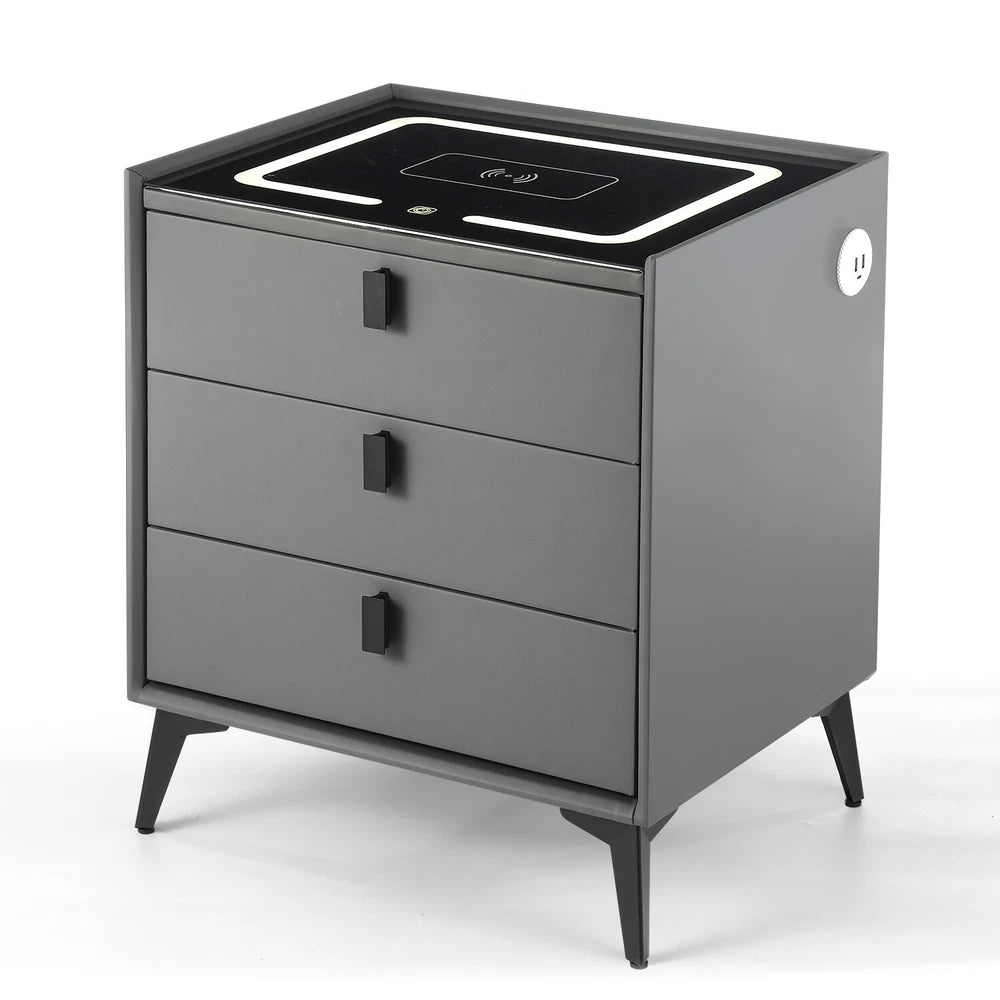 3 Drawers LED Bedside Table Wireless Charging Nightstand Bedside Cabinet Grey