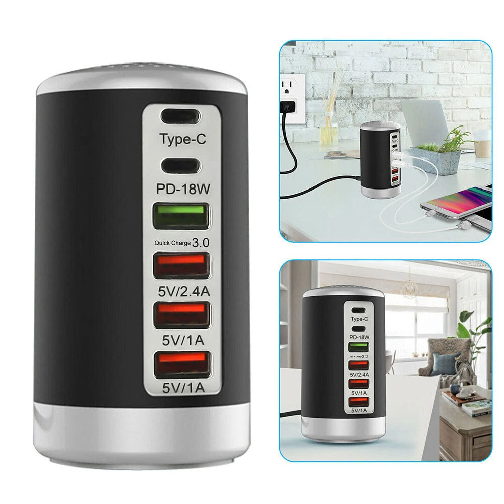 Multi 6 Port USB Charging Station Hub Tower Desktop Cell Phone Charger New Black