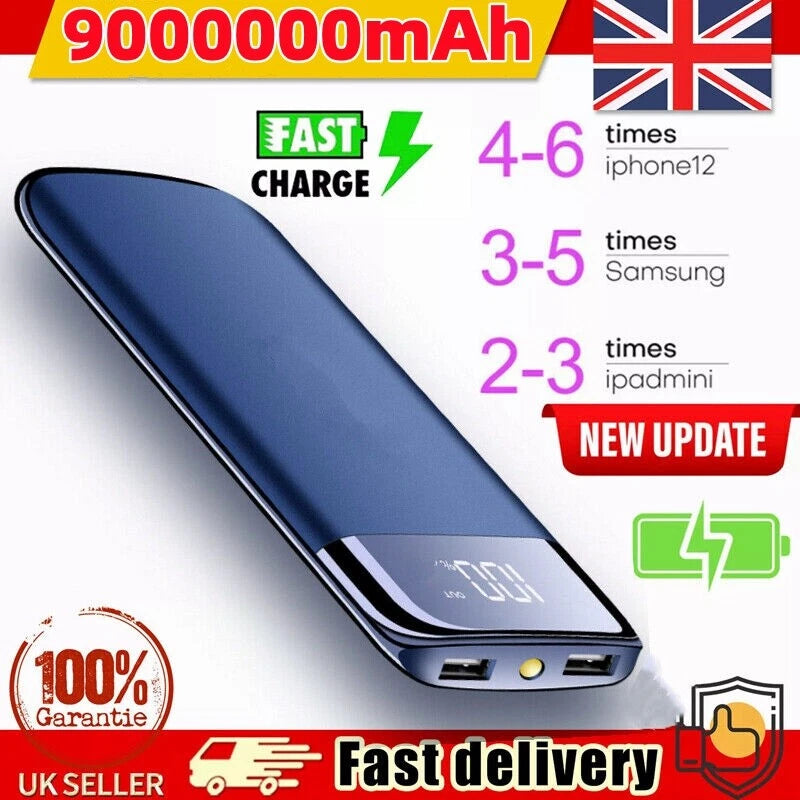 9000000mAh Portable Power Bank 2 USB Charger Battery Pack For Mobile Phone Black