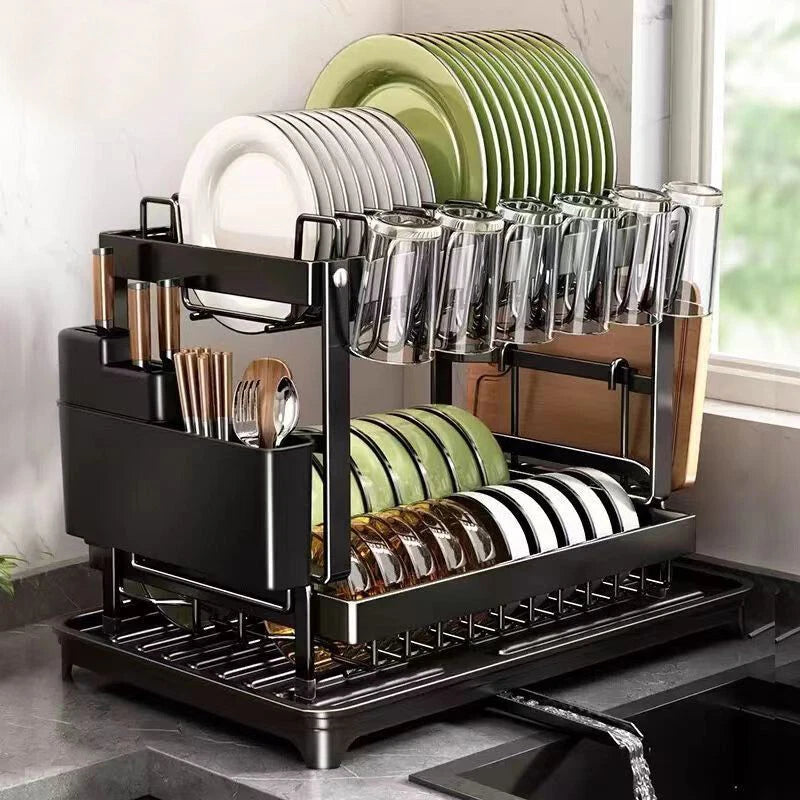 2 Tier Dish Drainer Rack with Drip Tray Cutlery Holder Plate Racks Kitchen Sink