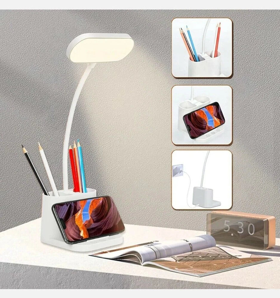 LED Desk Lamp Pen Phone Holder USB Rechargeable Bedroom Reading Light Dimmable