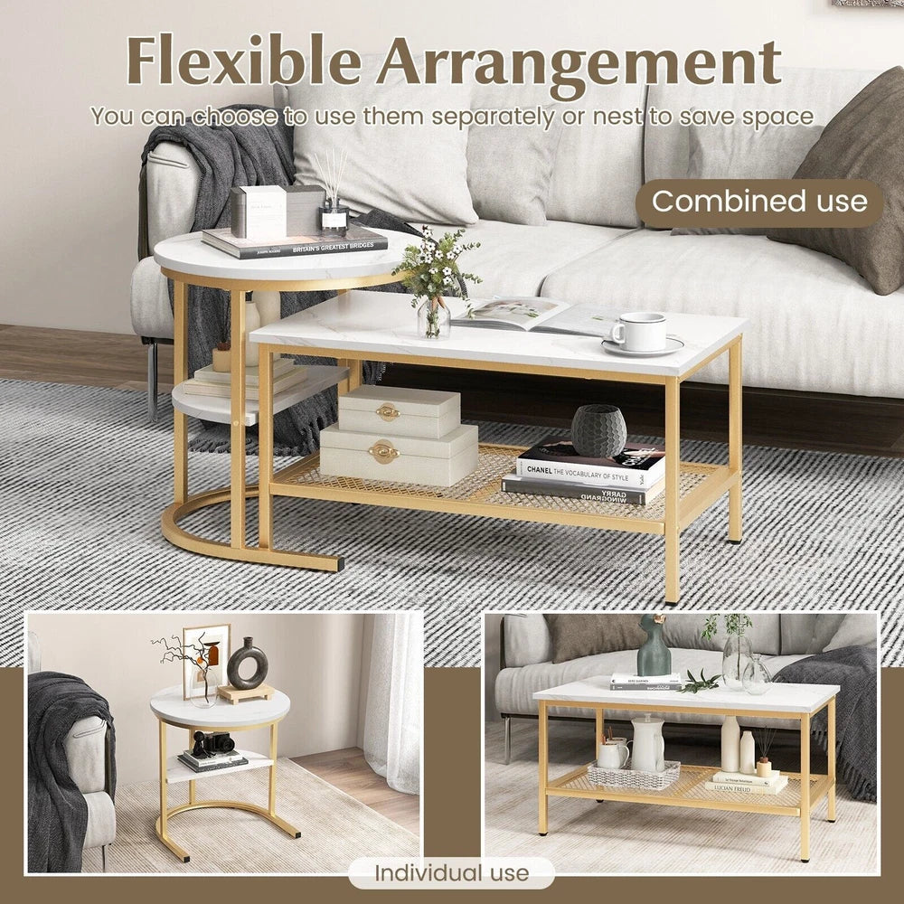 Set of 2 Coffee Nesting Table Set Detachable 2-Tier Sofa Side Table Faux Marble