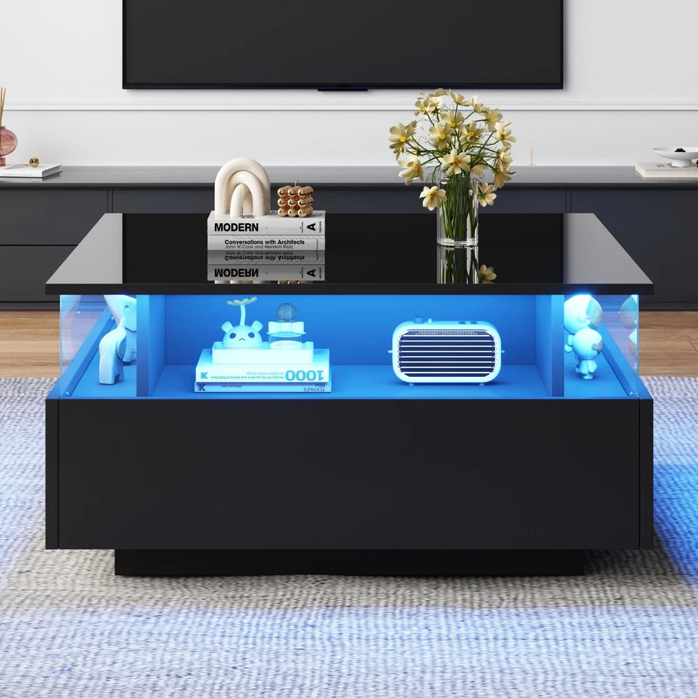 Coffee Table with LED Square High Gloss Black Storage Tea Table for Living Room