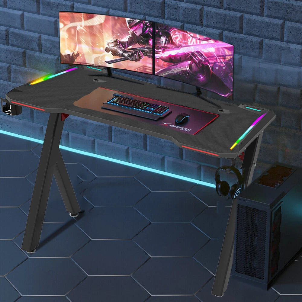 XXL Gaming Desk RGB LED Computer Racing Table Carbon Fiber PC Gamer Workstation