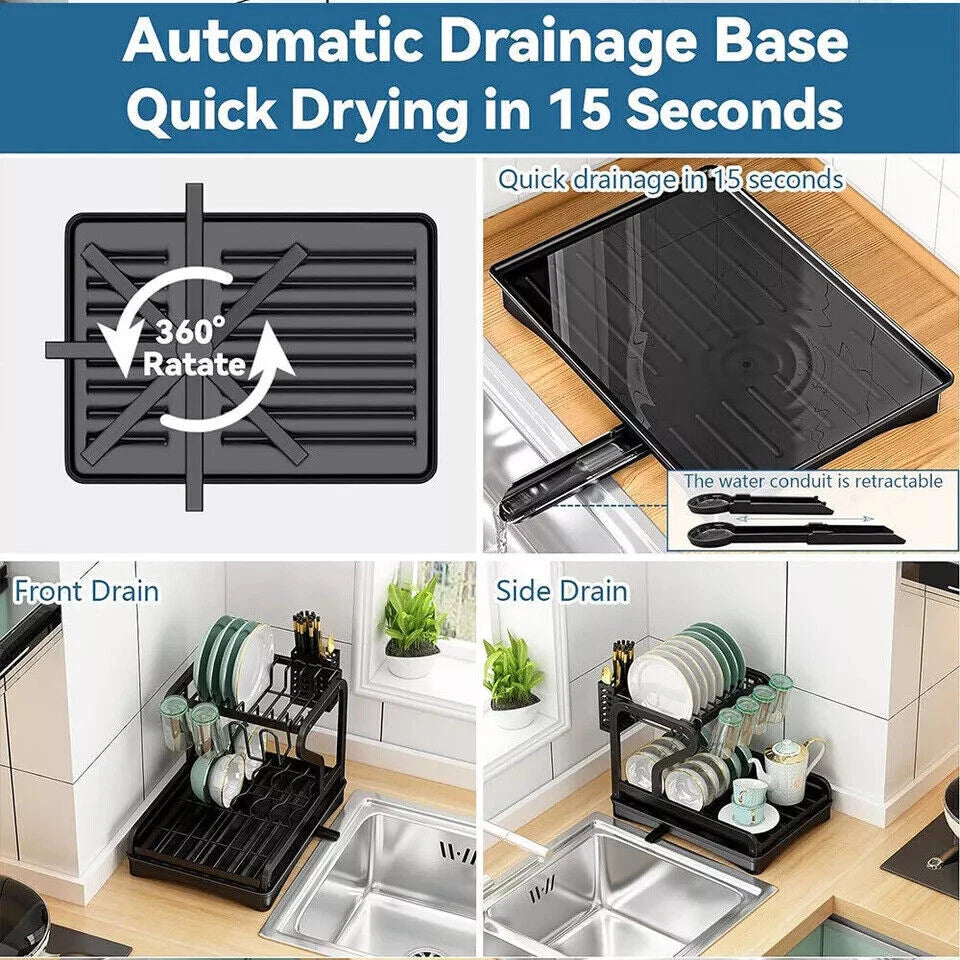 2 Tier Kitchen Sink Dish Drainer Rack With Drip Tray Cutlery Holder Plate Rack