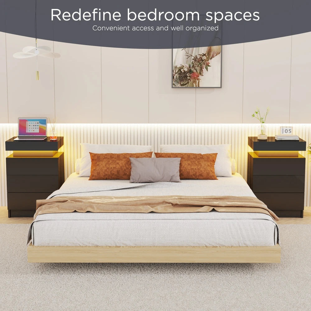 High Gloss 2/3 Drawer Bedside Table Cabinet LED RGB Light Storage Nightstand