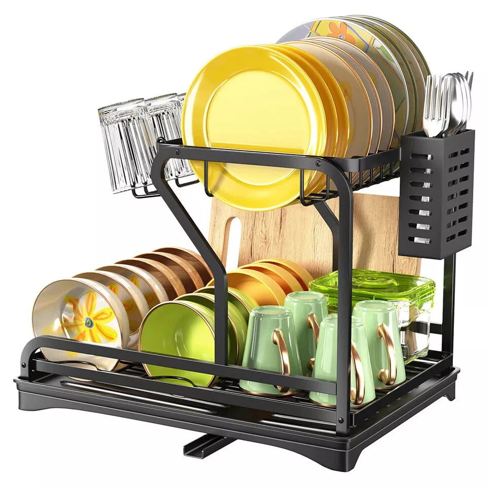 2 Tier Kitchen Sink Dish Drainer Rack With Drip Tray Cutlery Holder Plate Rack