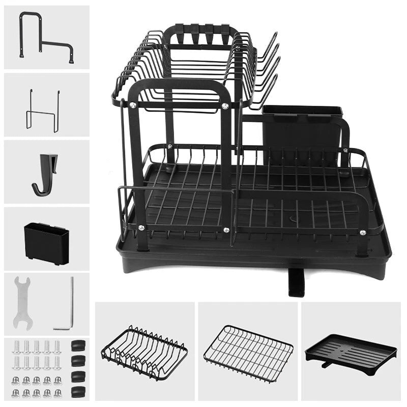 2 TIER KITCHEN SINK DISH DRAINER RACK WITH DRIP TRAY CUTLERY HOLDER PLATE RACK