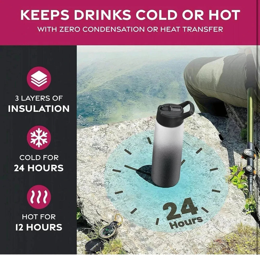 Triple Insulated Stainless Steel Water Bottle with Straw Flip Top Lid 750ml