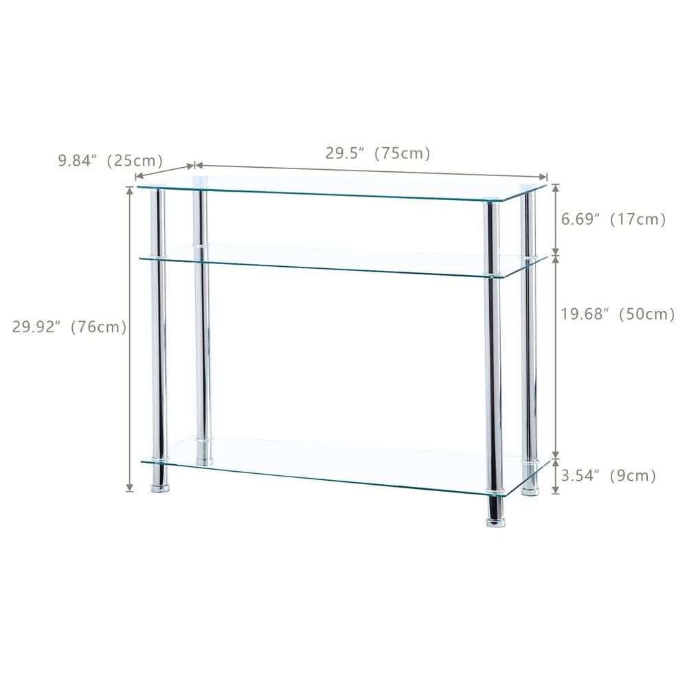 3 Tier Narrow Clear Tempered Glass Console Table Storage Shelf Stainless Steel