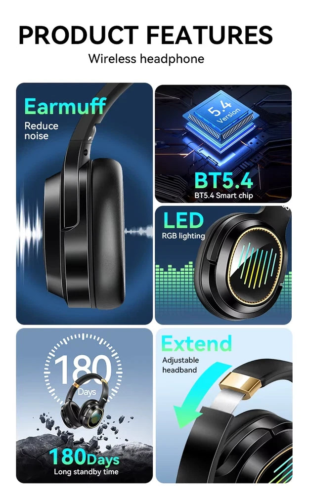 TWS Wireless Bluetooth 5.4 Headphones LED RGB ANC Over-Ear Earphones 50H