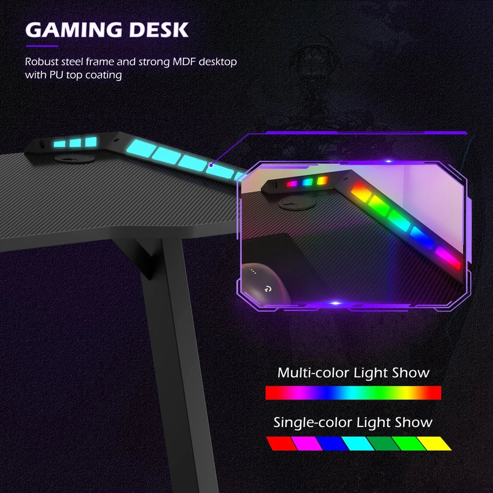 Gaming Desk LED RGB Computer Table Workstation w/ Cup Holder & Headphone Hook