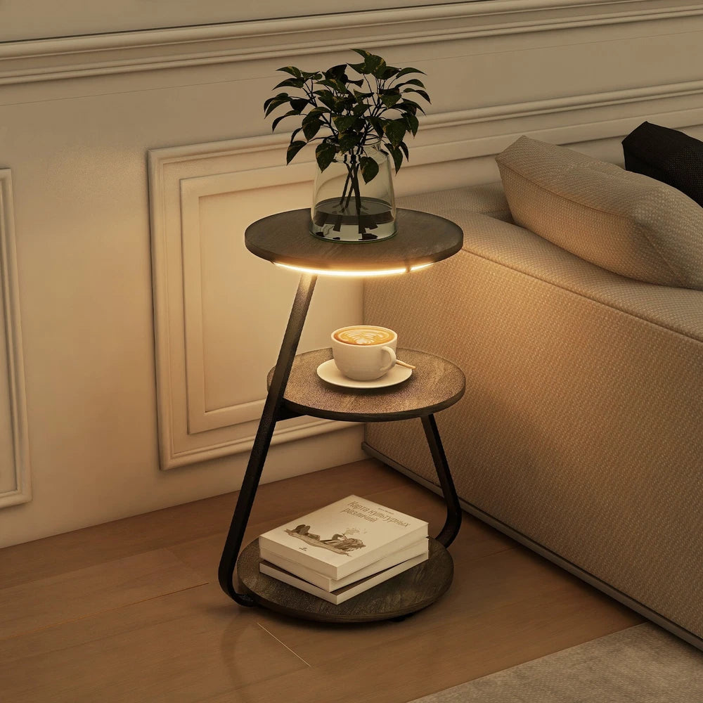 3-Tier Sofa Side Table LED Lighted Bedside Living Room End Table with Storage