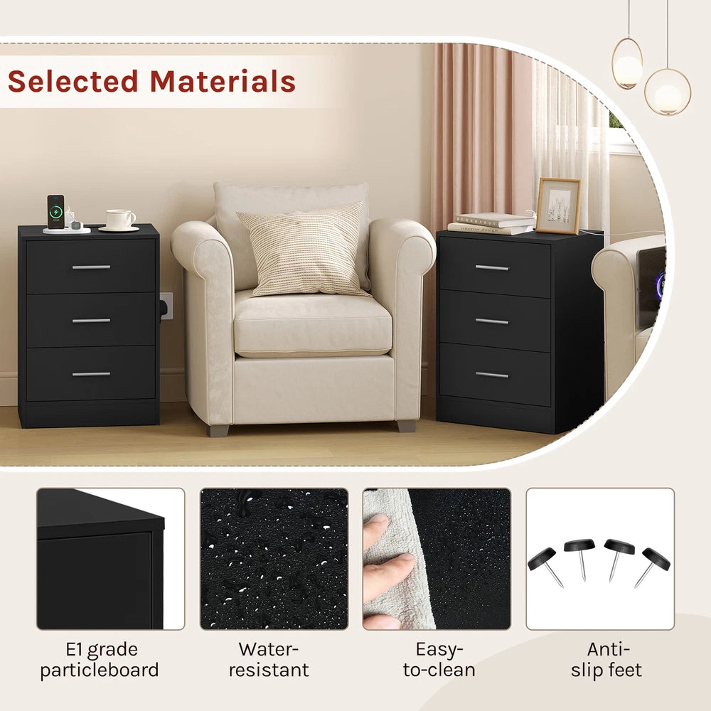 1/2x Bedside Table Cabinets w/ Charging Station Nightstand Storage Unit 3 Drawer