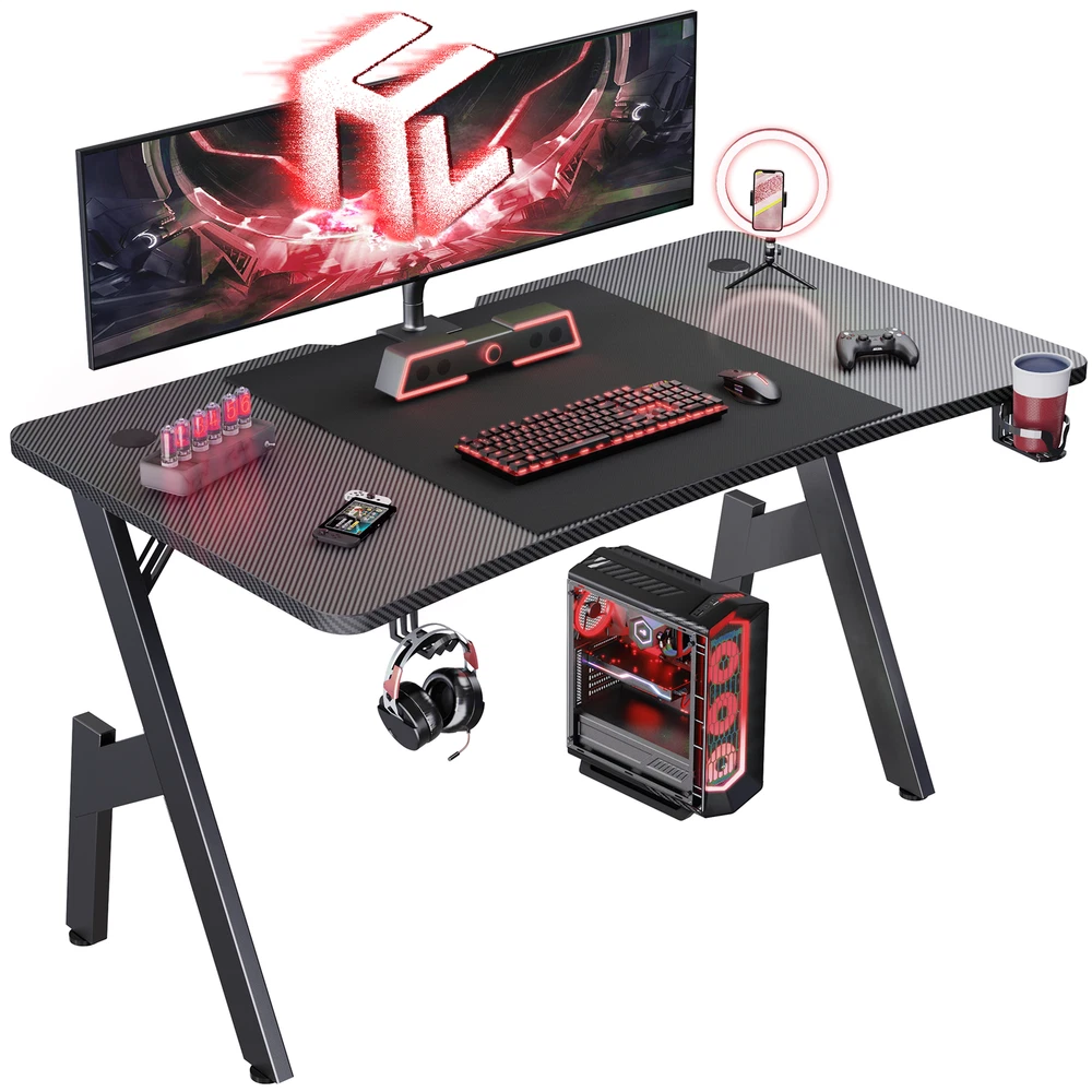 Gaming Desk Computer Gaming Table w/ Mouse Pad Cup Holder & Headphone Hook Black