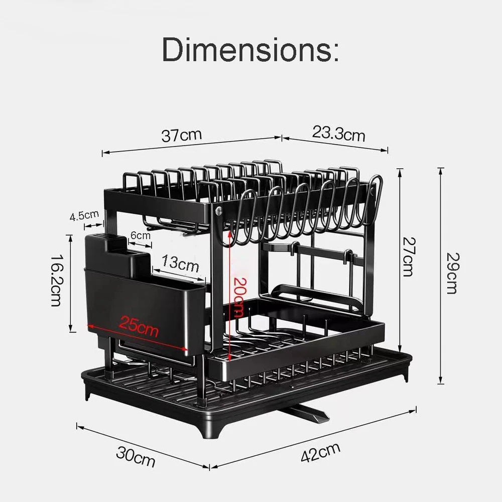 2 Tier Dish Drainer Rack with Drip Tray Cutlery Holder Plate Racks Kitchen Sink