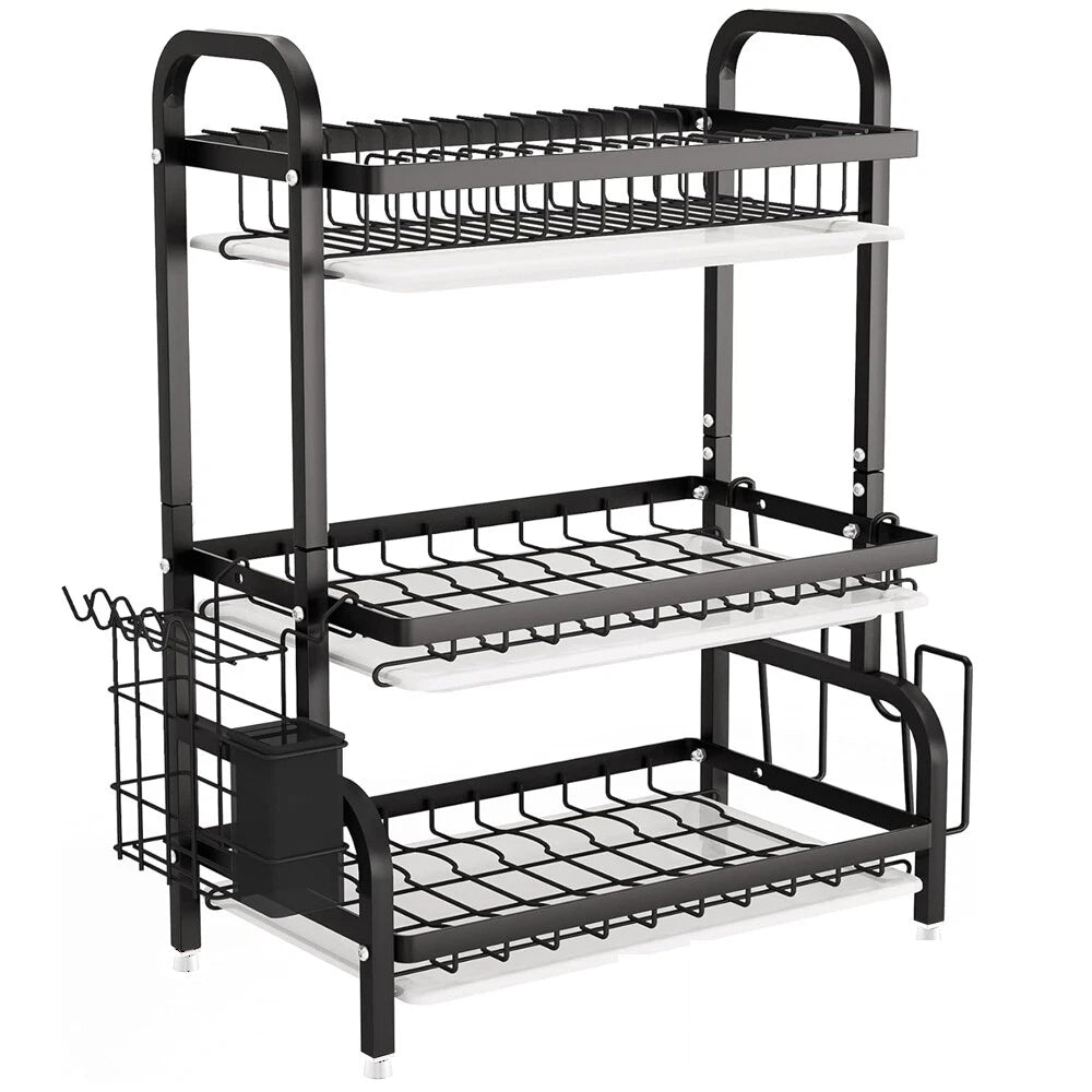 2/3 Tier Kitchen Sink Dish Drainer Rack With Drip Tray Cutlery Holder Plate Rack