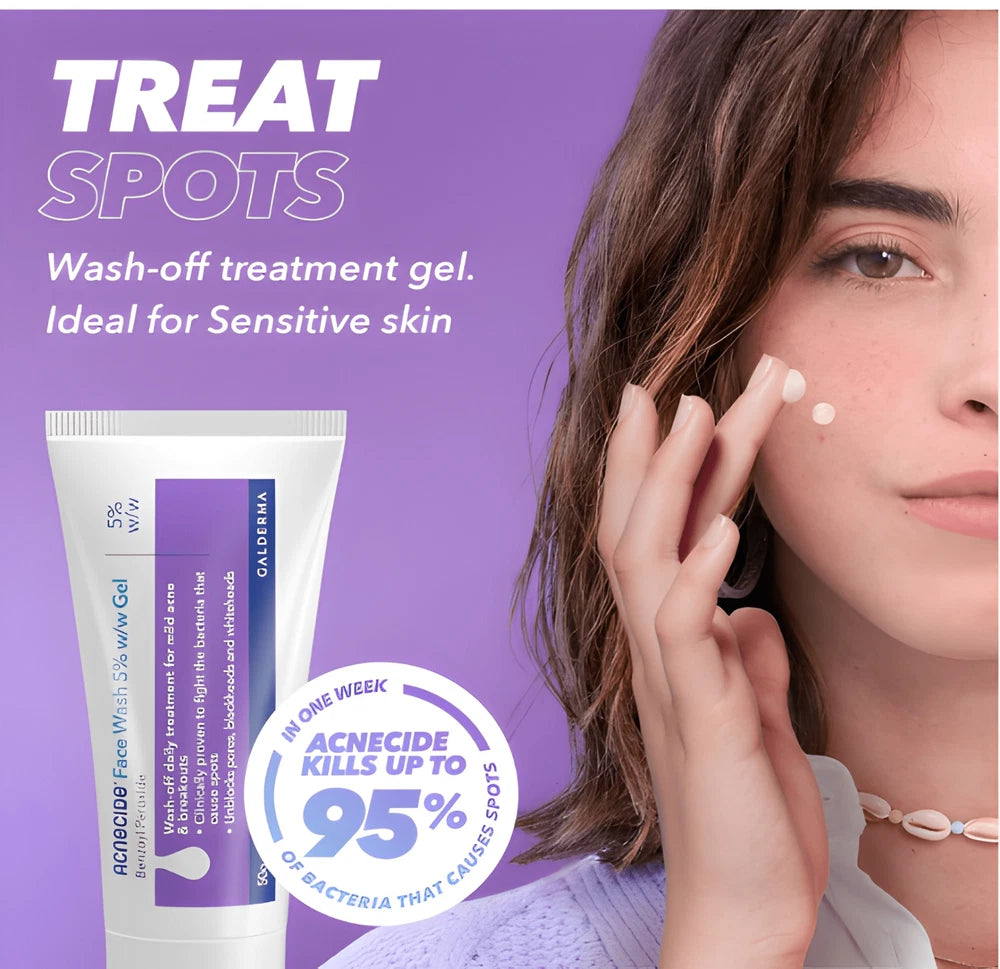 Acnecide Face Wash Gel 5%Benzoyl Peroxide Acne Treatment for Spot-Prone Skin 50g