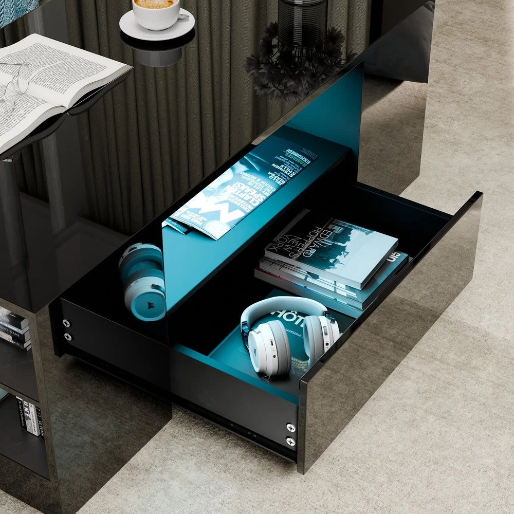 LED Coffee Table Wooden 2 Drawer Storage High Gloss Modern Living Room Furniture