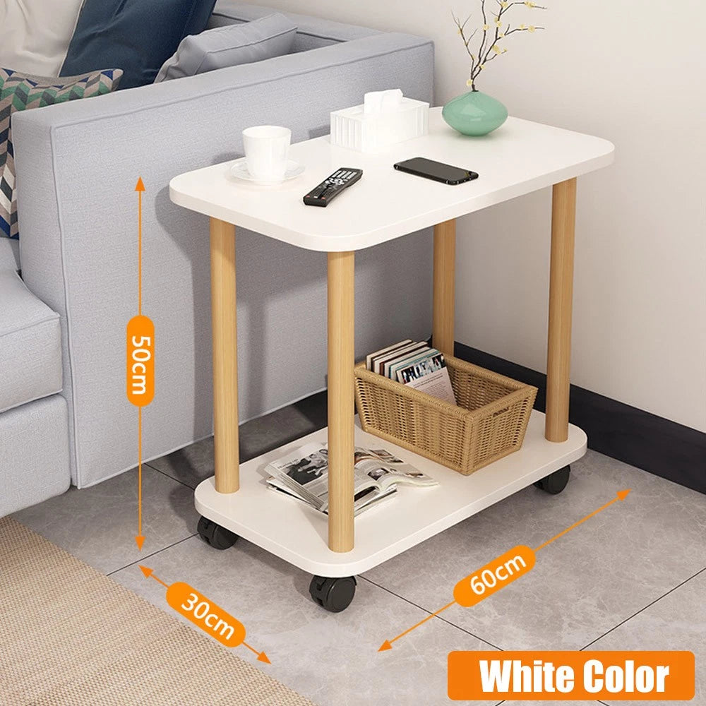 2 Tier Side Table Sofa Small Coffee End Table Storage Shelf on Wheel Living Room