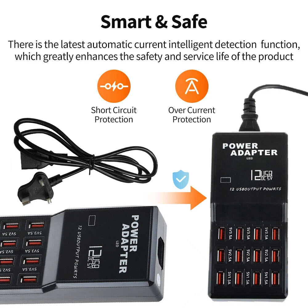 12Ports USB Multi Charger Travel Wall AC Adapter UK Plug Hub Charging Station UK