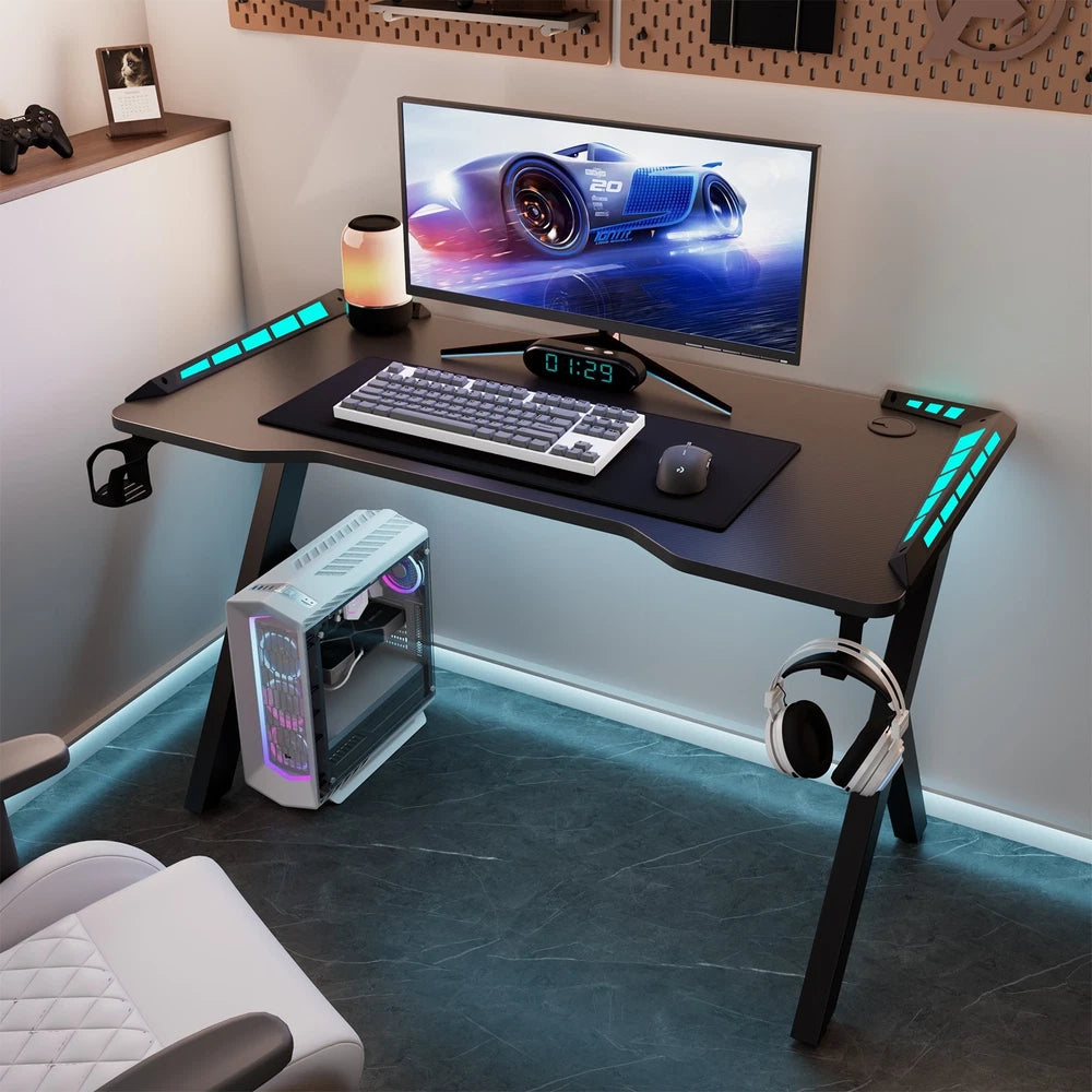 Gaming Desk LED RGB Computer Table Workstation with Cup Holder & Headphone Hook