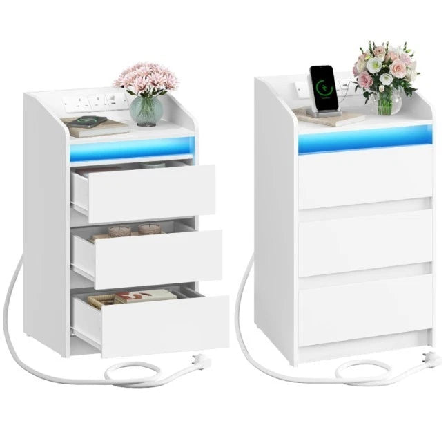 LED Bedside Table 3 Drawers Storage Cabinet Nightstand with Charging Statio