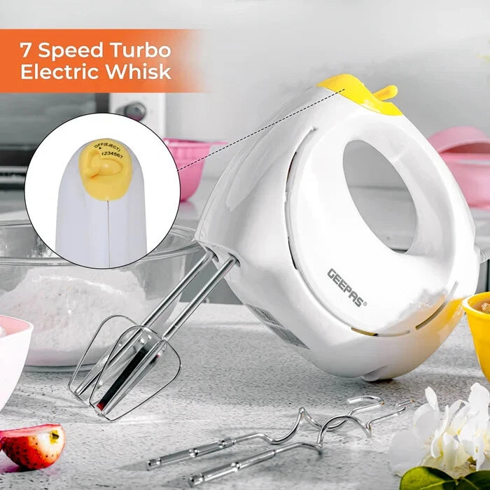 Geepas Electric Hand Food Mixer 7 Speeds & Turbo With Egg Beaters & Dough Hooks