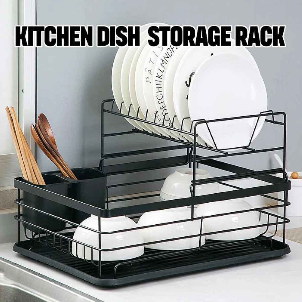 2-Tier Dish Drainer Rack with Drip Tray Cutlery Holder Plate Rack Kitchen Sink