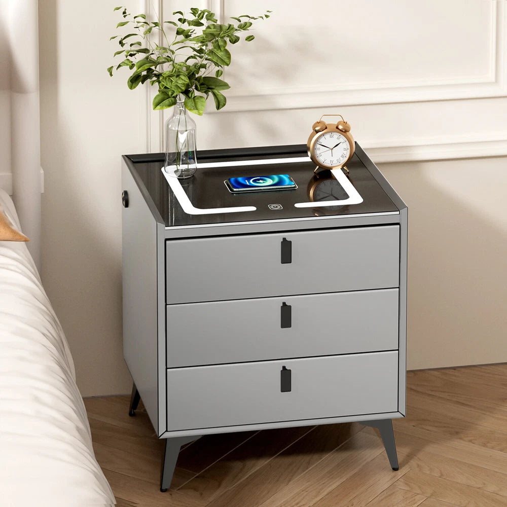3 Drawers LED Bedside Table Wireless Charging Nightstand Bedside Cabinet Grey
