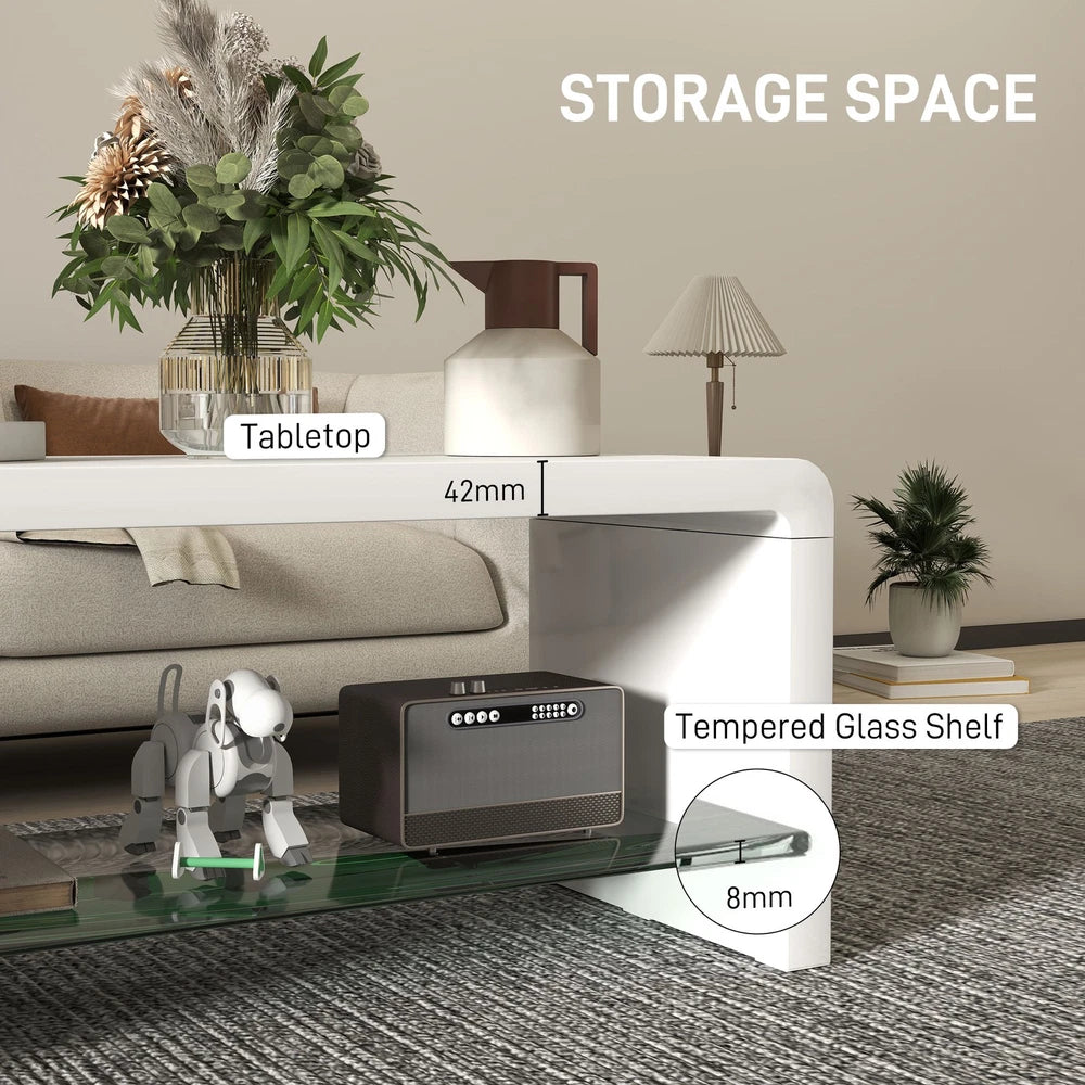 High Gloss Coffee Table with Glass Shelf, Two-Tier Living Room Table, White