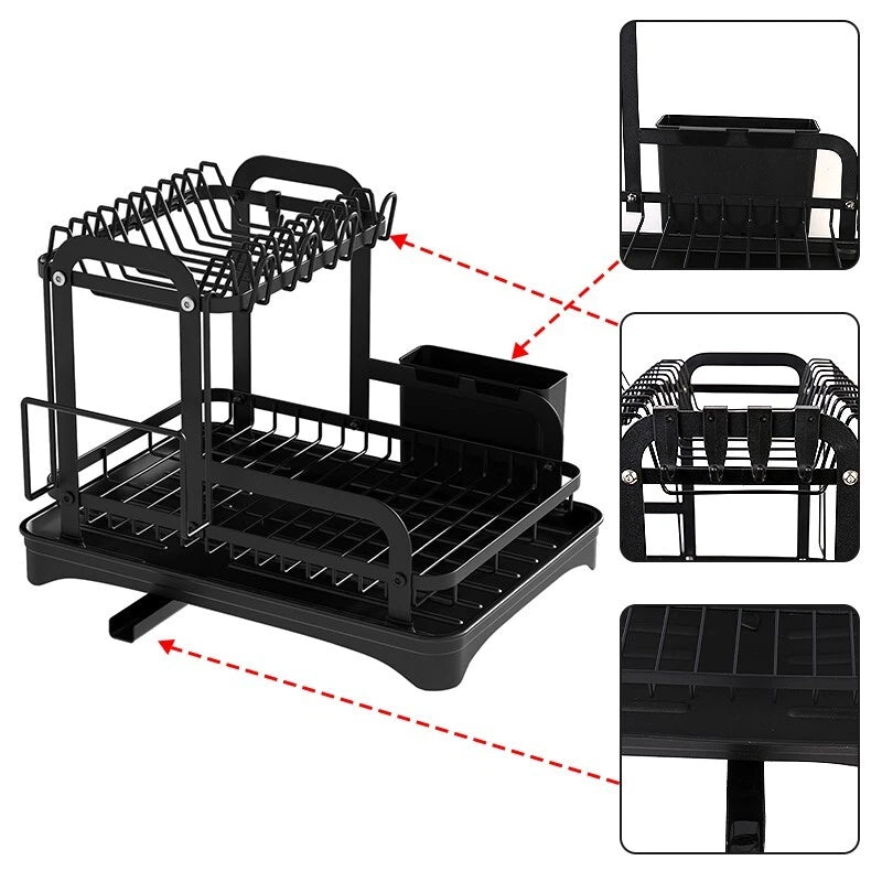 2 TIER KITCHEN SINK DISH DRAINER RACK WITH DRIP TRAY CUTLERY HOLDER PLATE RACK