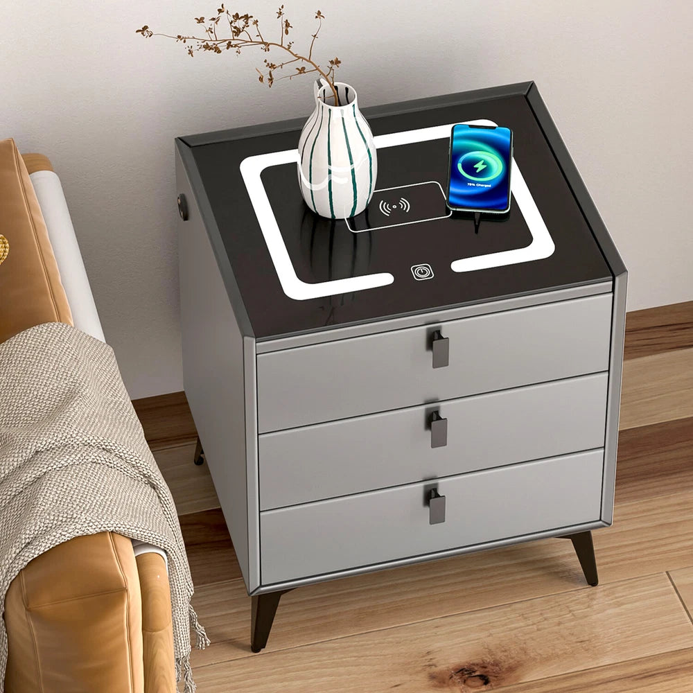 3 Drawers LED Bedside Table Wireless Charging Nightstand Bedside Cabinet Grey