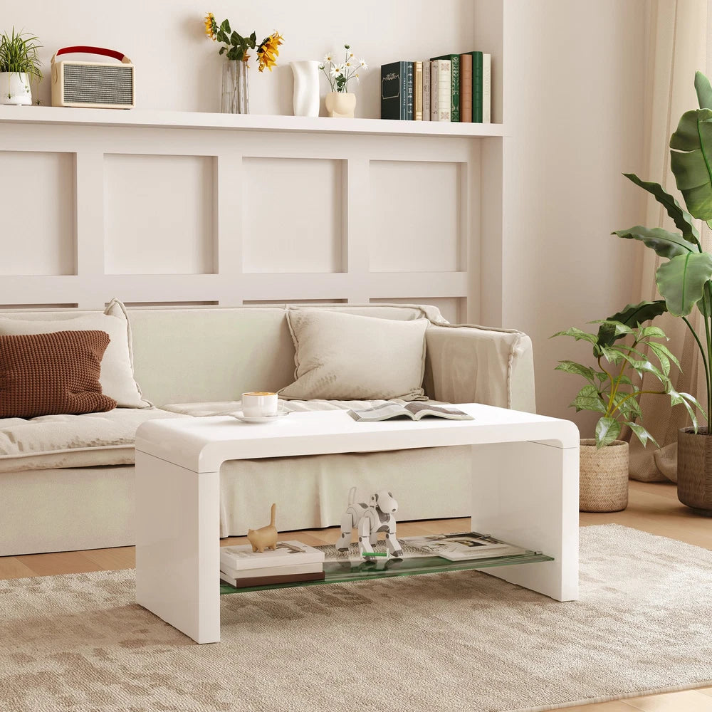 High Gloss Coffee Table with Glass Shelf, Two-Tier Living Room Table, White