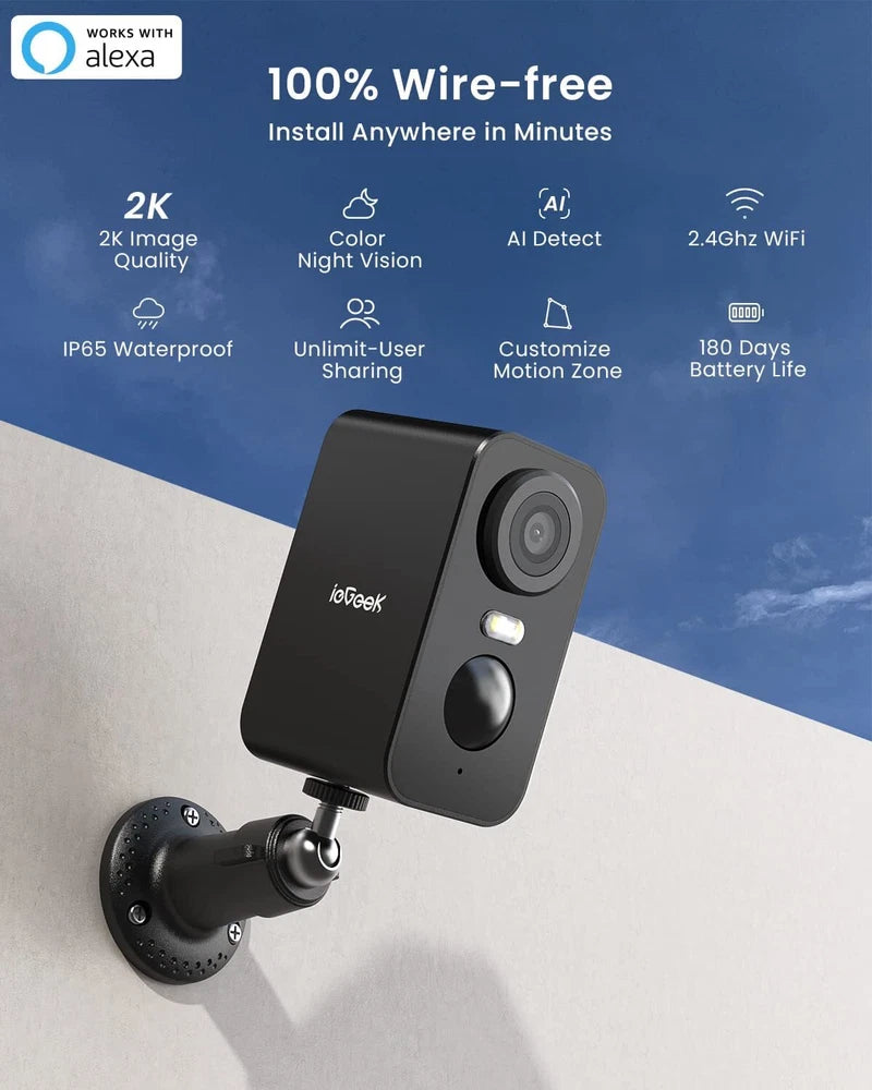 Outdoor Wireless Security Camera Home 2K WiFi Battery CCTV System SD Card