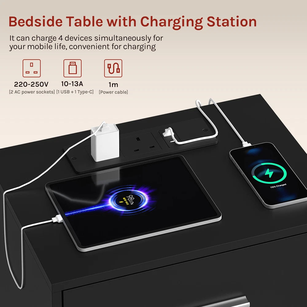 1/2x Bedside Table Cabinets w/ Charging Station Nightstand Storage Unit 3 Drawer