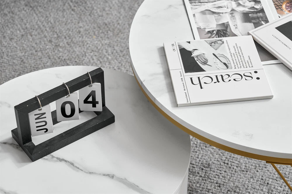 Nesting Coffee Table Set of 2 Living Room Marble Look Side End Table with Drawer