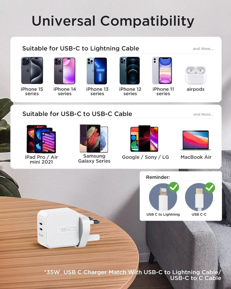 35W USB-C Fast Charger PD Power Adapter Plug & Cable For Apple iPhone 16 15 UK